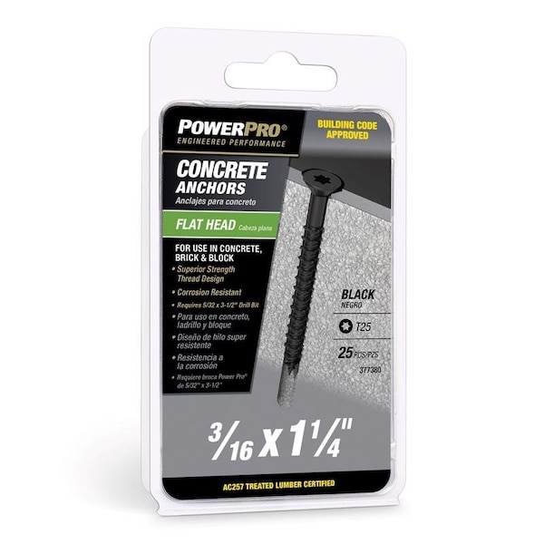 Concrete Screw Anchor, 1-1/4 in L, Carbon Steel Black Epoxy Coated, 25 PK